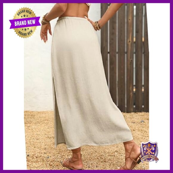 Linen Maxi Skirt with Pockets, Elastic Waist, Side Slit, Flowy Ankle-Length - Picture 4 of 8